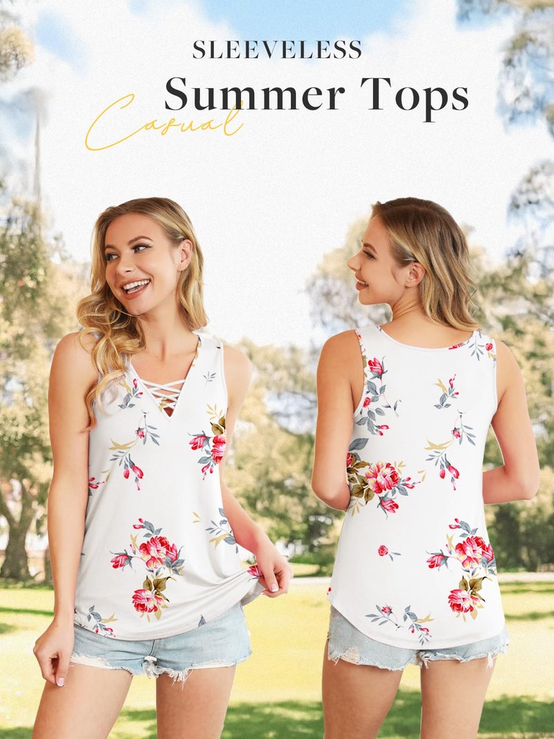 Feiersi Women's Sleeveless Criss Cross Print Casual Tank Tops Basic Blouse(Floral White,X-Large) - Image 3